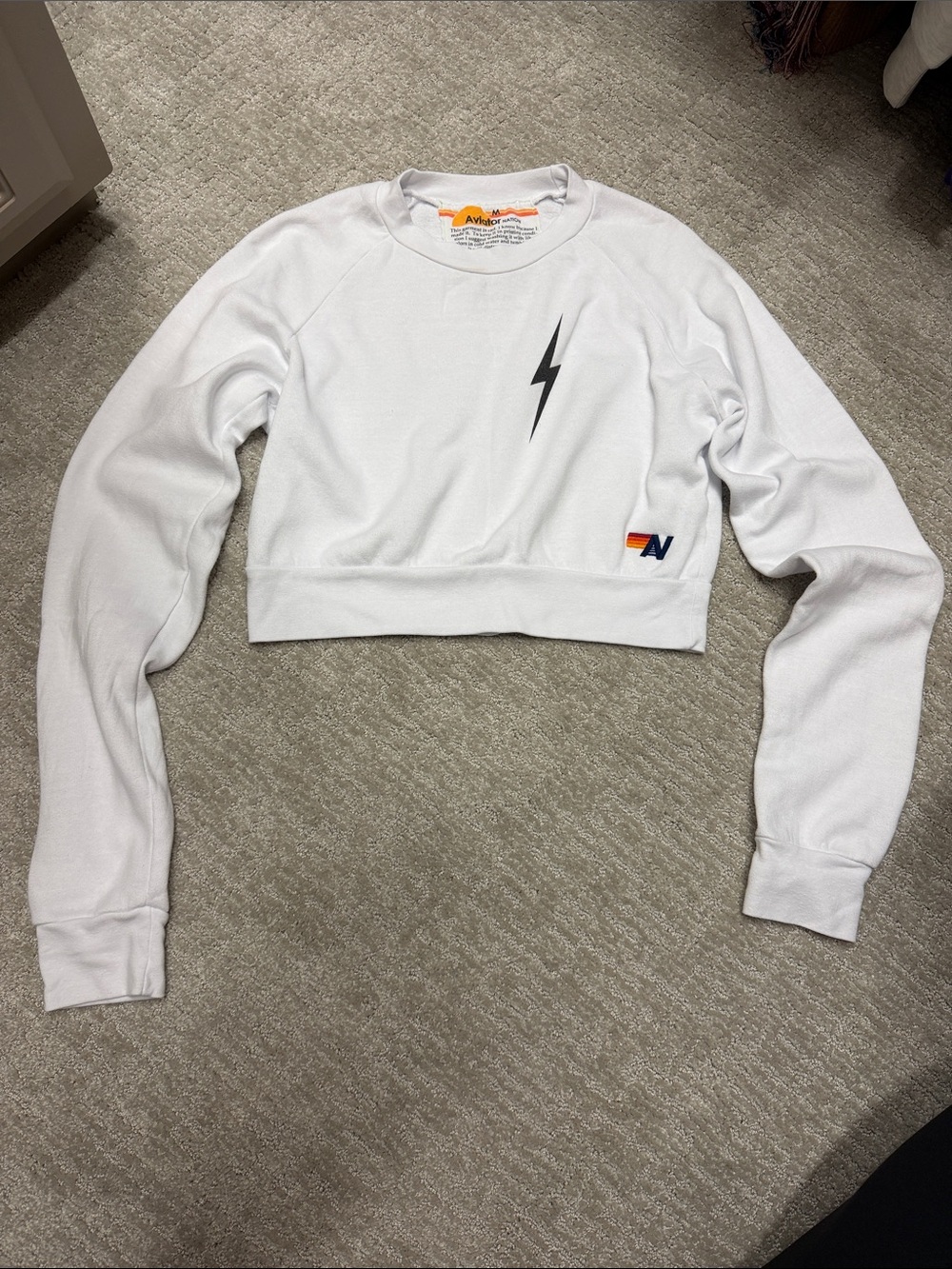 Aviator Nation White Cropped Crewneck Sweatshirt with Black Lightning